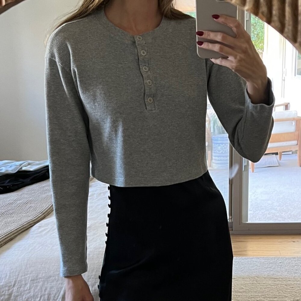 Reformation Jill Thermal Long Sleeve Henley Tee | Heather Grey XS